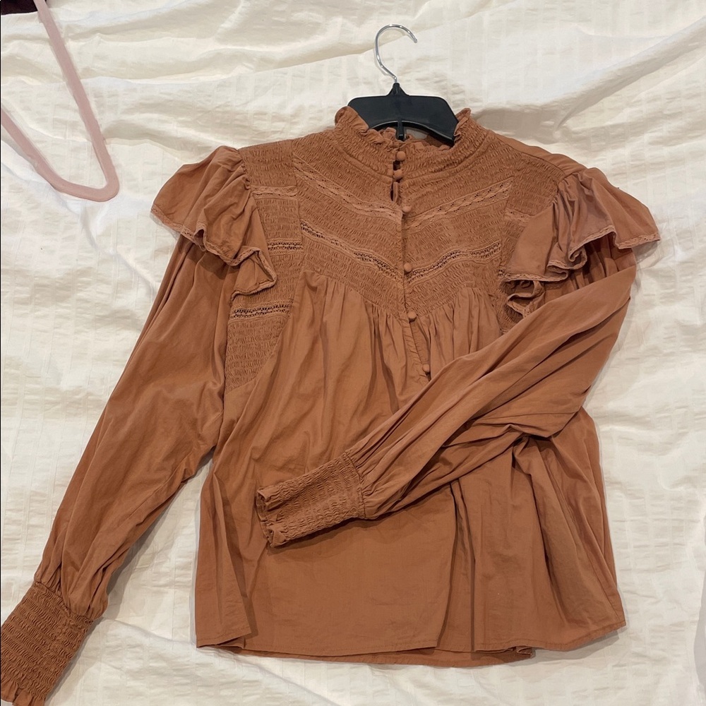Topshop Women's Ruffle-Yoke Long Sleeve Blouse - Rust